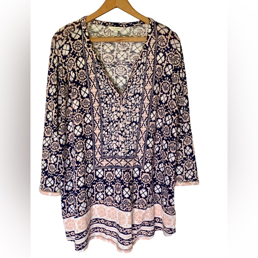 Lucky Brand top 3X plus long sleeve cotton modal v neck hippie boho ethnic NWOT